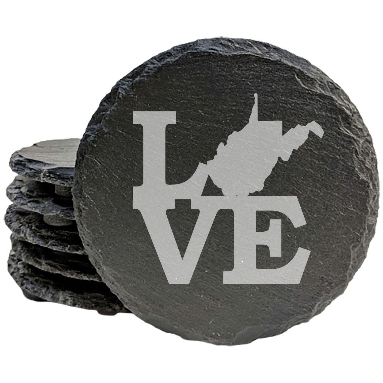 Rustic Slate Coasters Set of 4, Round 4" with 'LOVE' West Virginia Design, Laser Etched, Natural Chipped Edge, Rubber Feet, , Perfect for Holidays, Birthdays, Housewarming, USA Made