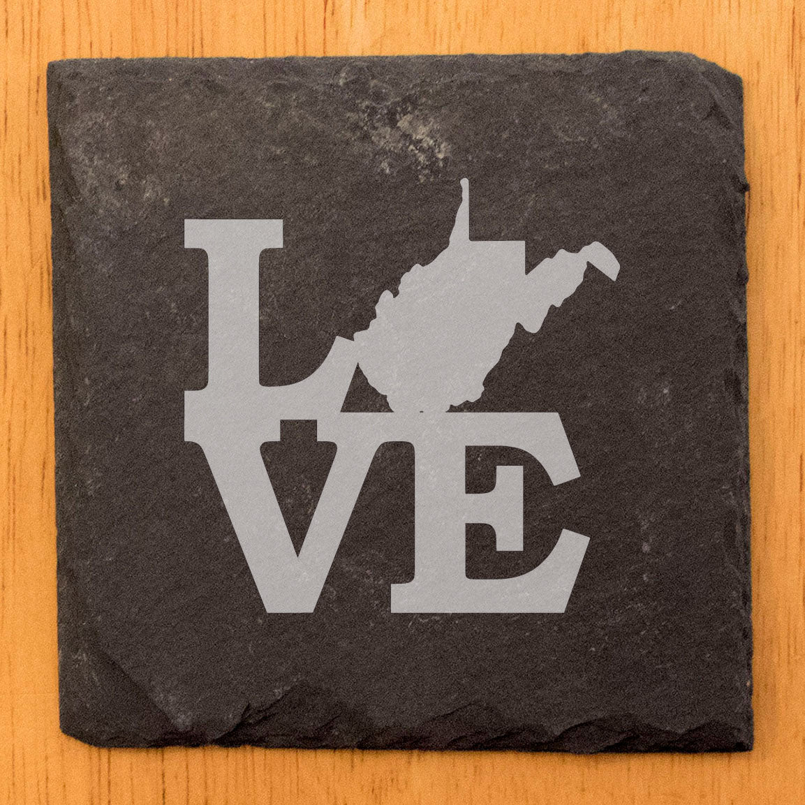 Rustic Slate Coasters Set of 4, Round 4" with 'LOVE' West Virginia Design, Laser Etched, Natural Chipped Edge, Rubber Feet, , Perfect for Holidays, Birthdays, Housewarming, USA Made