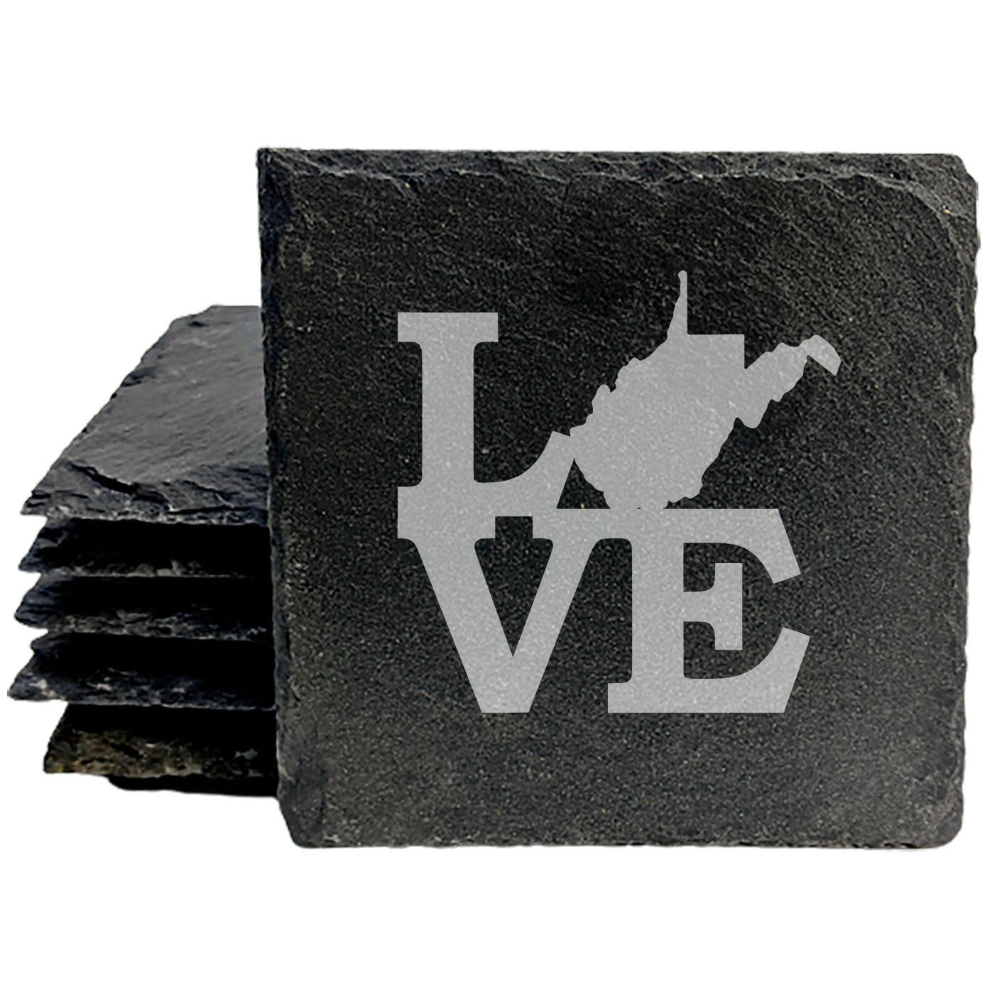 Rustic Slate Coasters Set of 4, Round 4" with 'LOVE' West Virginia Design, Laser Etched, Natural Chipped Edge, Rubber Feet, , Perfect for Holidays, Birthdays, Housewarming, USA Made