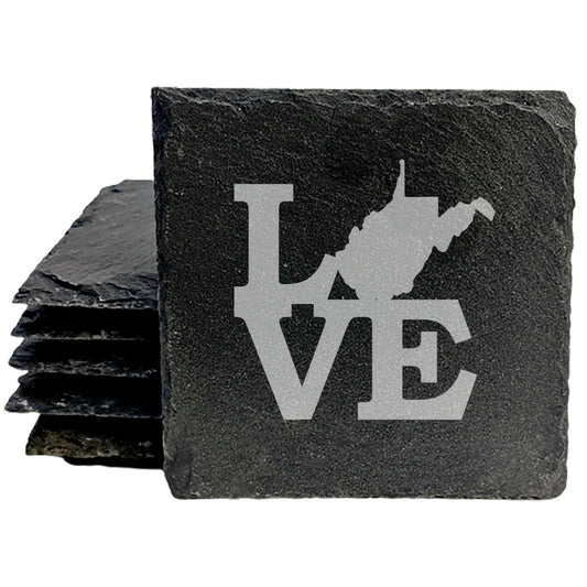 Rustic Slate Coasters Set of 4, Round 4" with 'LOVE' West Virginia Design, Laser Etched, Natural Chipped Edge, Rubber Feet, , Perfect for Holidays, Birthdays, Housewarming, USA Made