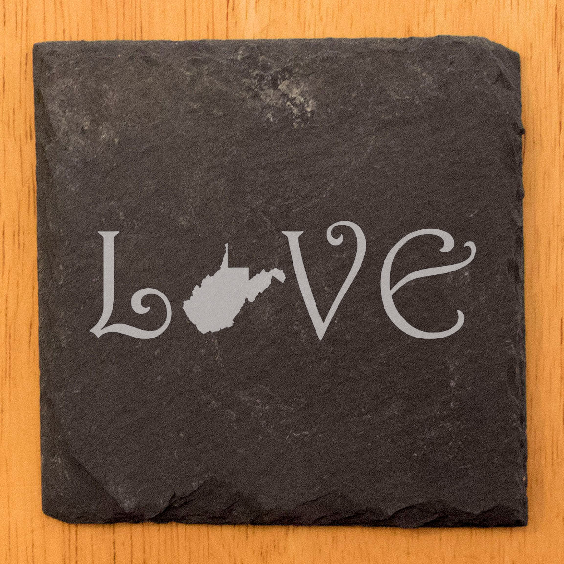 Rustic Slate Coasters Set of 4, Square 4" with 'LOVE' West Virginia Design, Perfect Gift for Holidays, Birthdays, Housewarming, She-Shed, Man Cave, Made in Oregon, USA, Natural Chipped Edge