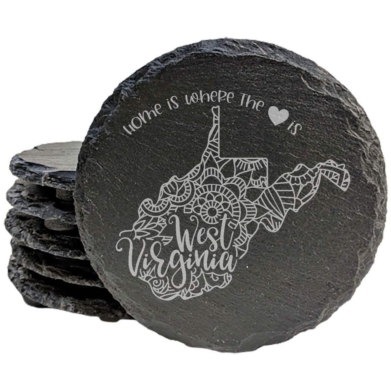 Rustic Slate Coasters Set of 4, Round 4" with West Virginia Mandala Design, 'Home is Where the Heart Is' Quote, Perfect Gift for Holidays, Birthdays, Housewarming, Made in Oregon, USA
