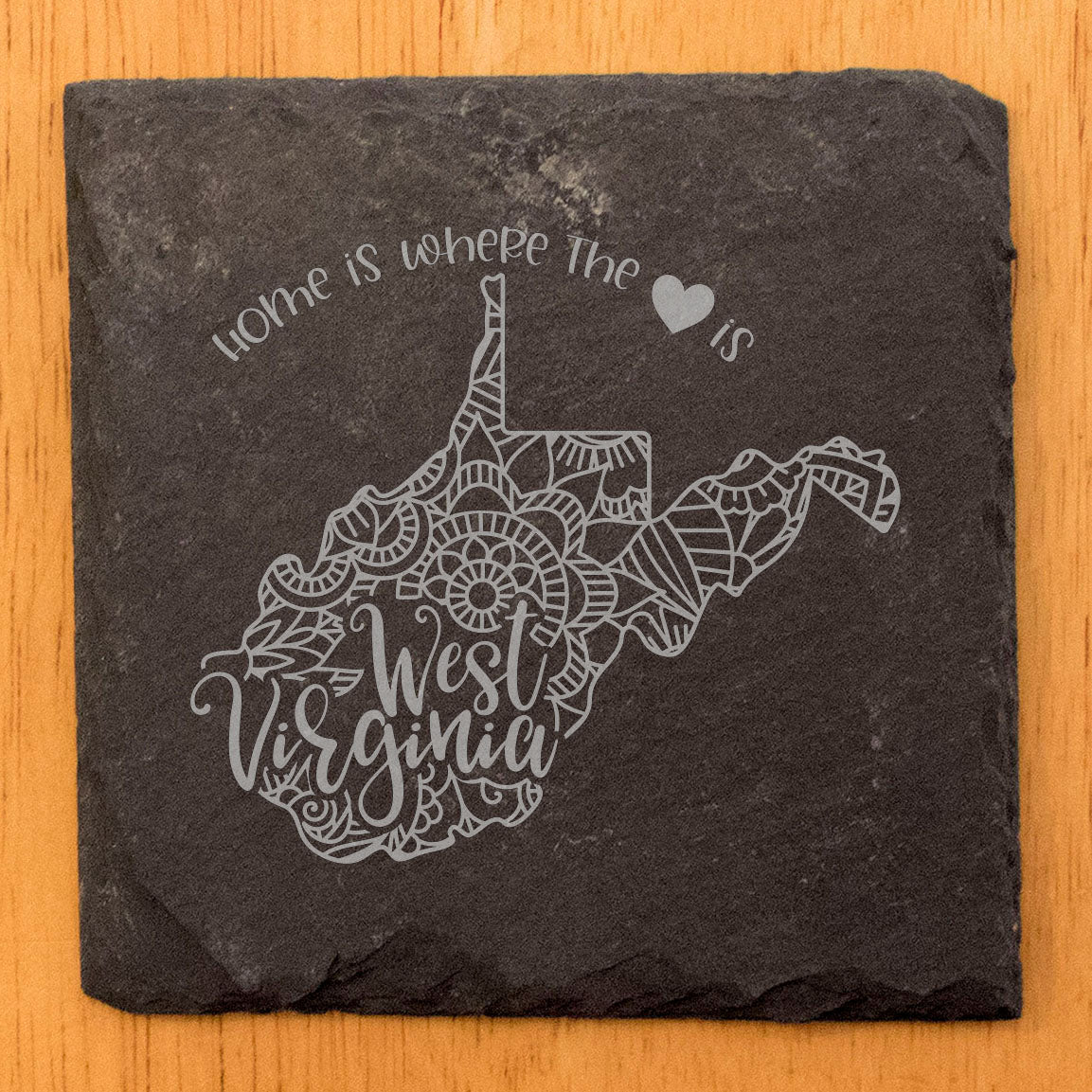 Rustic Slate Coasters Set of 4, Round 4" with West Virginia Mandala Design, 'Home is Where the Heart Is' Quote, Perfect Gift for Holidays, Birthdays, Housewarming, Made in Oregon, USA