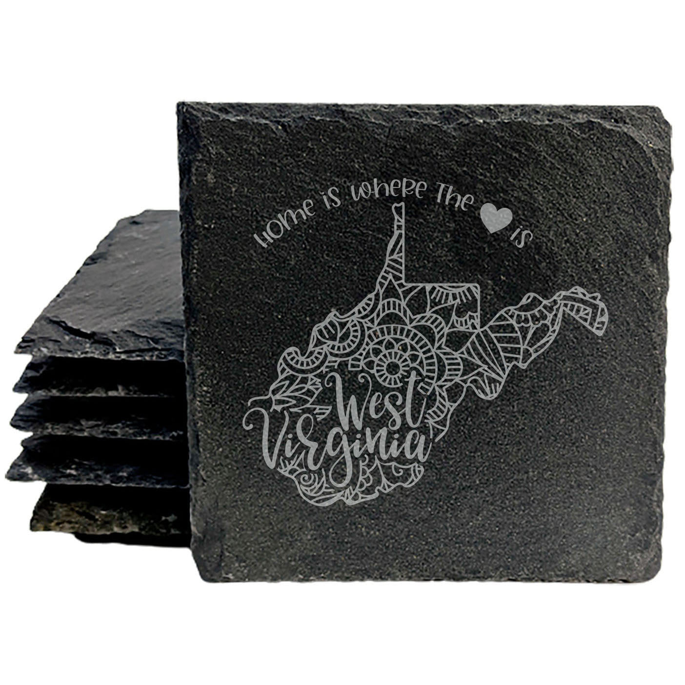 Rustic Slate Coasters Set of 4, Round 4" with West Virginia Mandala Design, 'Home is Where the Heart Is' Quote, Perfect Gift for Holidays, Birthdays, Housewarming, Made in Oregon, USA