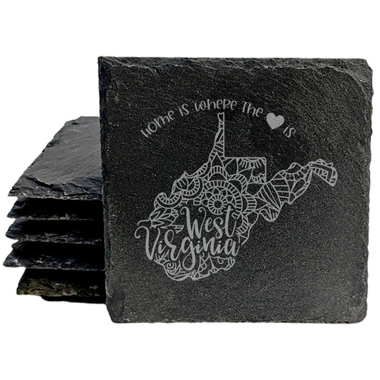 Rustic Slate Coasters Set of 4, Round 4" with West Virginia Mandala Design, 'Home is Where the Heart Is' Quote, Perfect Gift for Holidays, Birthdays, Housewarming, Made in Oregon, USA