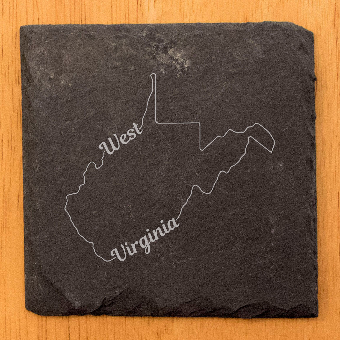 Rustic Slate Coasters Set of 4, Round 4" with West Virginia Outline Design, Laser Etched, Natural Chipped Edge, Rubber Feet, , Perfect for Holidays, Birthdays, Housewarming, USA Made