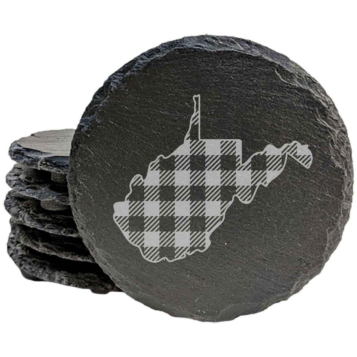 Rustic Slate Coasters Set of 4, Round 4" with West Virginia Plaid Design, Perfect for Holidays, Birthdays, Housewarming Gifts, She-Shed or Man Cave, Made in Oregon, USA, Natural Chipped Edge