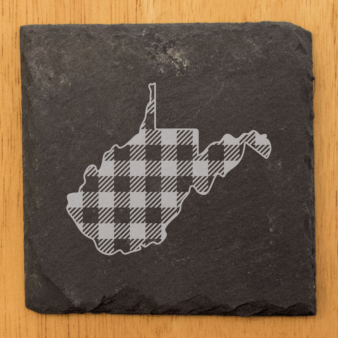 Rustic Slate Coasters Set of 4, Round 4" with West Virginia Plaid Design, Perfect for Holidays, Birthdays, Housewarming Gifts, She-Shed or Man Cave, Made in Oregon, USA, Natural Chipped Edge