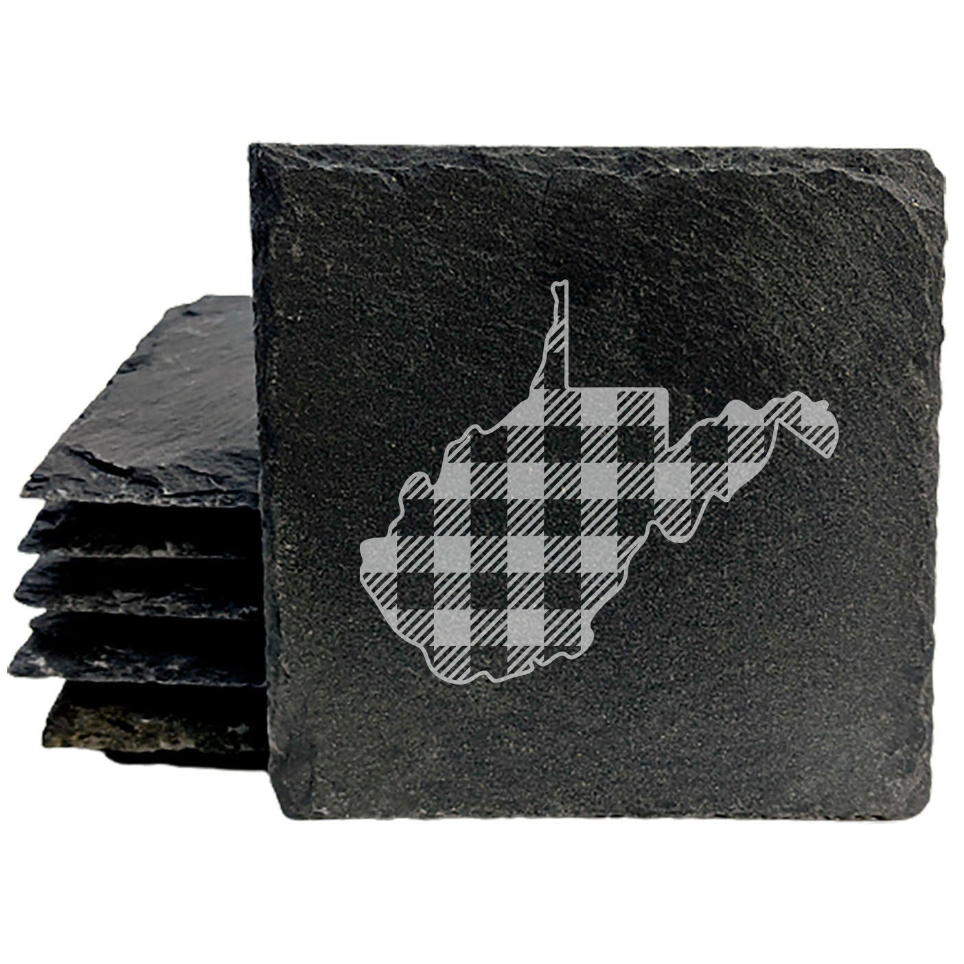 Rustic Slate Coasters Set of 4, Round 4" with West Virginia Plaid Design, Perfect for Holidays, Birthdays, Housewarming Gifts, She-Shed or Man Cave, Made in Oregon, USA, Natural Chipped Edge