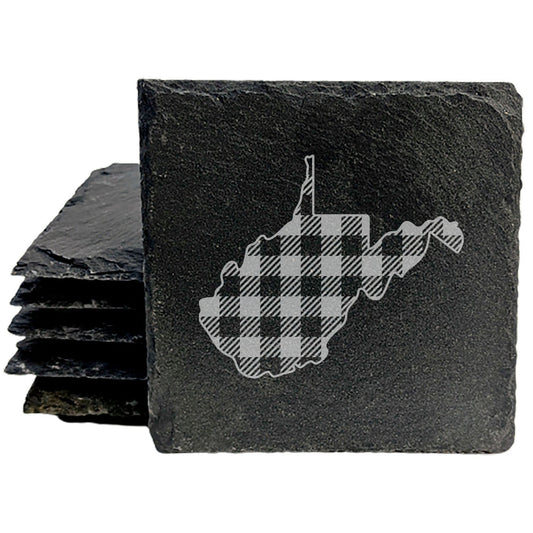 Rustic Slate Coasters Set of 4, Round 4" with West Virginia Plaid Design, Perfect for Holidays, Birthdays, Housewarming Gifts, She-Shed or Man Cave, Made in Oregon, USA, Natural Chipped Edge