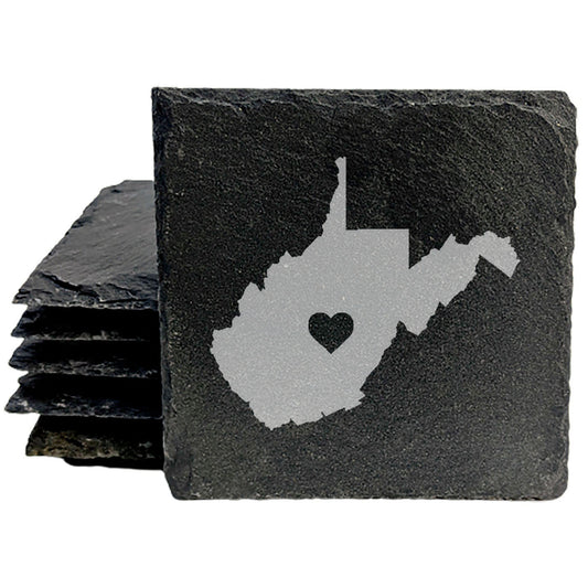 Rustic Slate Coasters Set of 4, Round 4" with West Virginia Heart Design, Perfect for Holidays, Birthdays, Housewarming Gifts, She-Shed or Man Cave, Made in Oregon, USA, Natural Chipped Edge