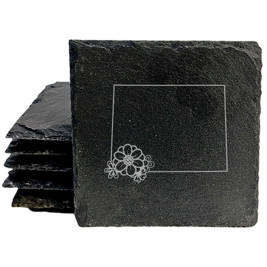 Rustic Slate Coasters Set of 4 - Wyoming State Outline Design, 4" Round/Square, Natural Chipped Edge, Rubber Feet,  - Perfect for Holidays, Birthdays, Housewarming - Made in USA