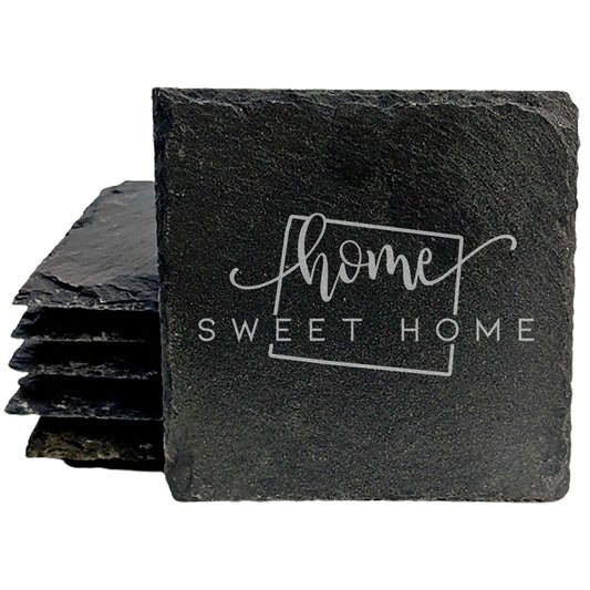Rustic Slate Coasters Set of 4, Round 4" with 'Home Sweet Home' Wyoming Design, Perfect Gift for Holidays, Birthdays, Housewarming, She-Shed, Man Cave, Made in Oregon, USA, Natural Chipped Edge