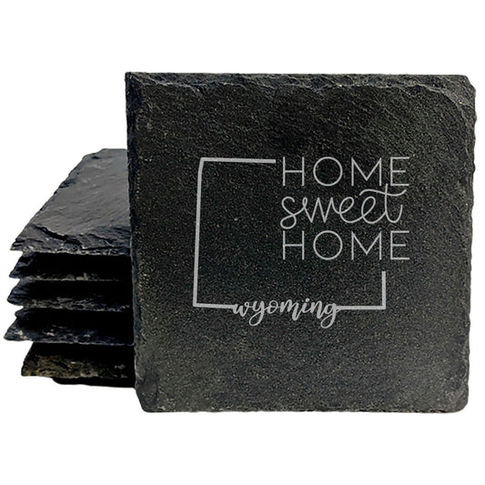 Rustic Slate Coasters Set of 4, Round 4" with Wyoming 'Home Sweet Home' Design, Perfect Gift for Holidays, Birthdays, Housewarming, She-Shed, Man Cave, Made in Oregon, USA, Natural Chipped Edge