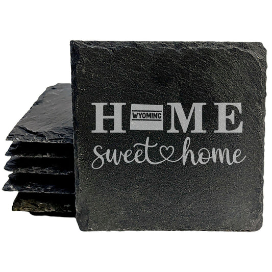 Rustic Slate Coasters Set of 4, 4" Round, Laser Etched 'HOME SWEET HOME' Design, Perfect Gift for Holidays, Birthdays, Housewarming, Made in Oregon, USA, Natural Chipped Edge, Rubber Feet