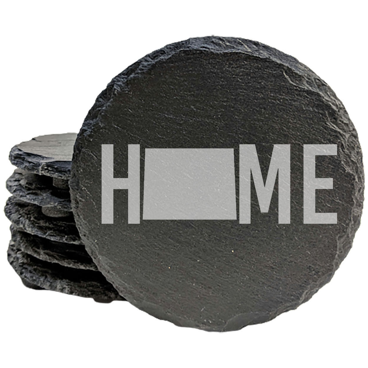 Rustic Slate Coasters Set of 4 - Laser Etched 'HOME' Design with Wyoming State - Perfect Gift for Holidays, Birthdays, Housewarming - 4" Round, Natural Chipped Edge, Made in Oregon, USA