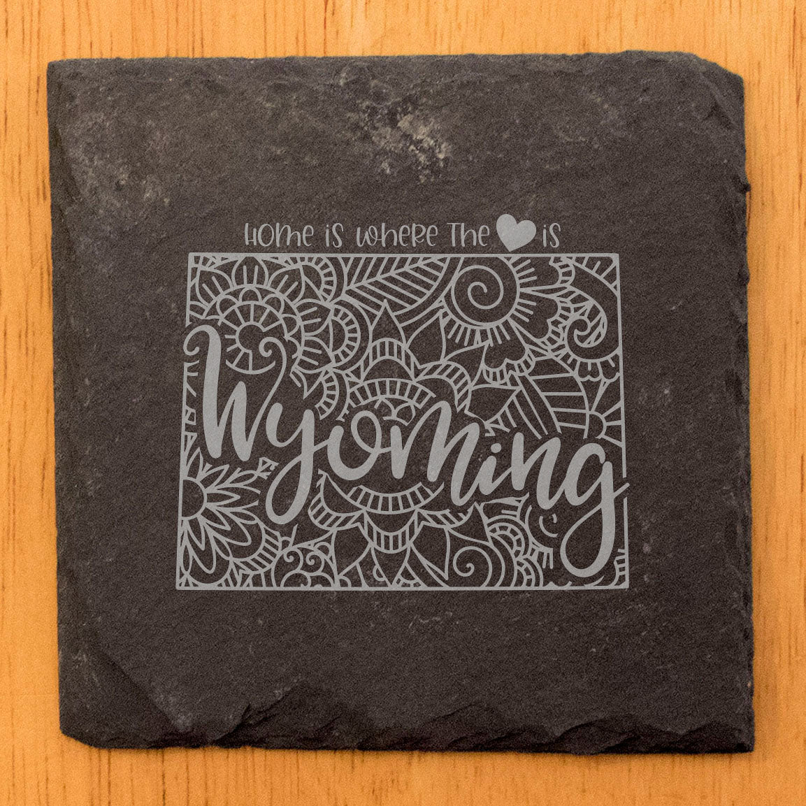 Rustic Slate Coasters Set of 4, Round 4" with Wyoming Mandala Design, 'Home is Where the Heart Is' Quote, Perfect Gift for Holidays, Birthdays, Housewarming, Made in Oregon, USA, Small Business