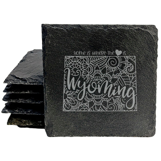 Rustic Slate Coasters Set of 4, Round 4" with Wyoming Mandala Design, 'Home is Where the Heart Is' Quote, Perfect Gift for Holidays, Birthdays, Housewarming, Made in Oregon, USA, Small Business