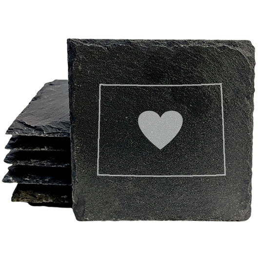 Rustic Slate Coasters Set of 4, Round 4" with Wyoming Heart Design, Perfect for Holidays, Birthdays, Housewarming Gifts, She-Shed or Man Cave, Made in Oregon, USA, Natural Chipped Edge, Rubber Feet