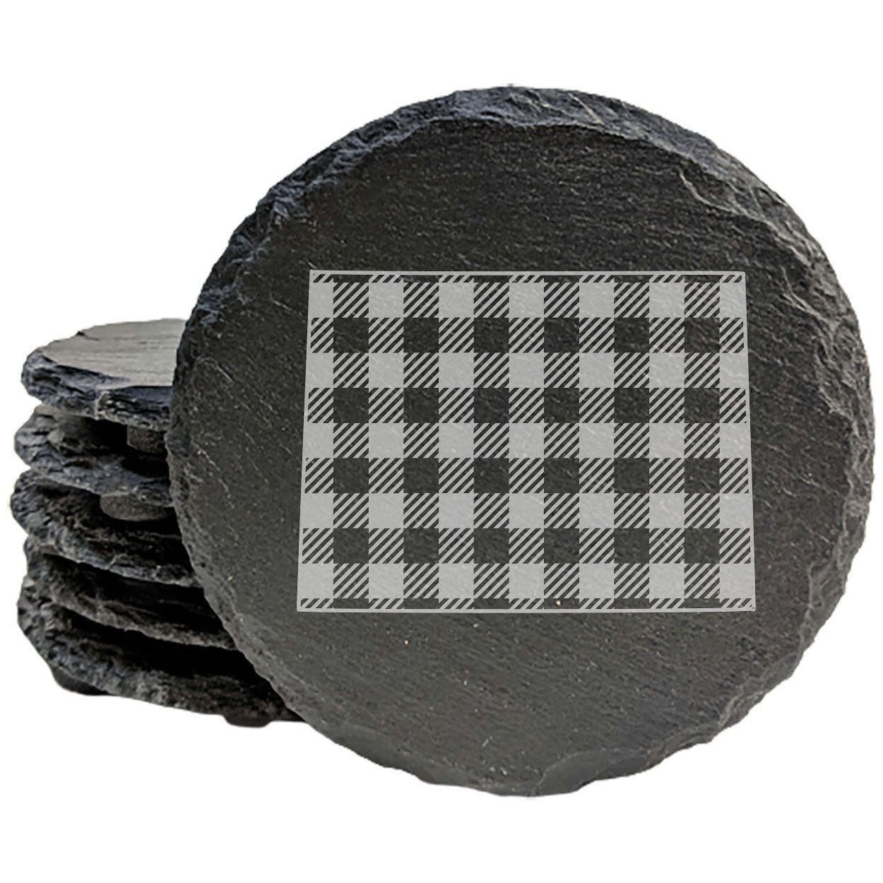 Rustic Slate Coasters Set of 4, Round 4" with Wyoming Plaid Design, Perfect for Holidays, Birthdays, Housewarming Gifts, She-Shed or Man Cave Decor, Made in Oregon, USA by Small Business