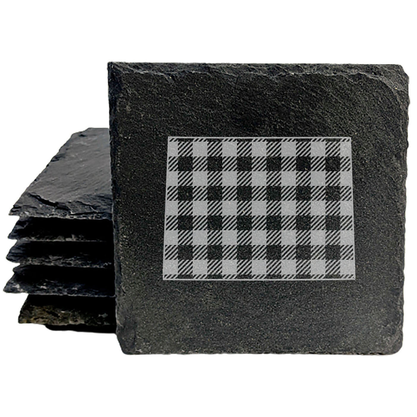 Rustic Slate Coasters Set of 4, Round 4" with Wyoming Plaid Design, Perfect for Holidays, Birthdays, Housewarming Gifts, She-Shed or Man Cave Decor, Made in Oregon, USA by Small Business