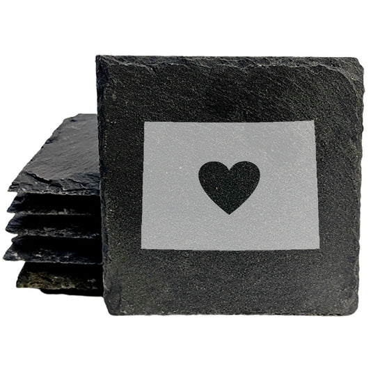 Rustic Slate Coasters Set of 4, Round 4" with Wyoming Heart Design, Laser Etched, Natural Chipped Edge, Rubber Feet, , Perfect for Holidays, Birthdays, Housewarming, Made in USA