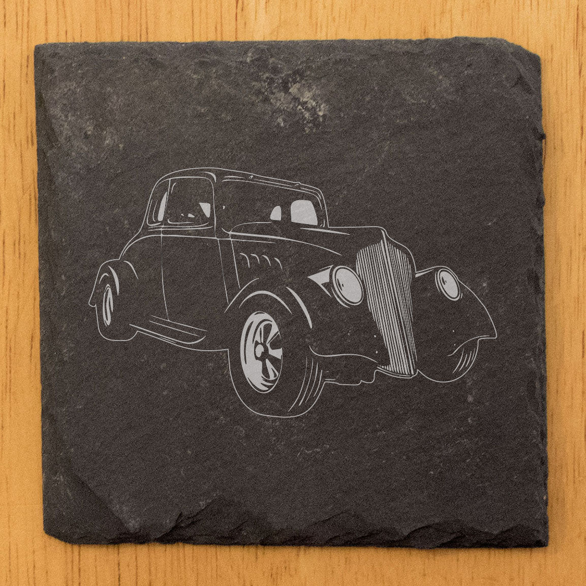 1933 Willys Coupe Design Rustic Gray Slate Coasters Set of 4 - Laser Etched for She-Shed Man Cave - All-Occasion Gifts for Holidays Birthdays Housewarming - Made in Oregon USA by Small Business