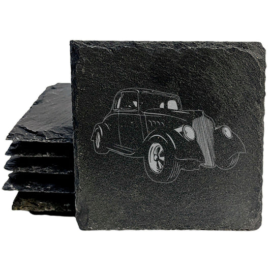 1933 Willys Coupe Design Rustic Gray Slate Coasters Set of 4 - Laser Etched for She-Shed Man Cave - All-Occasion Gifts for Holidays Birthdays Housewarming - Made in Oregon USA by Small Business