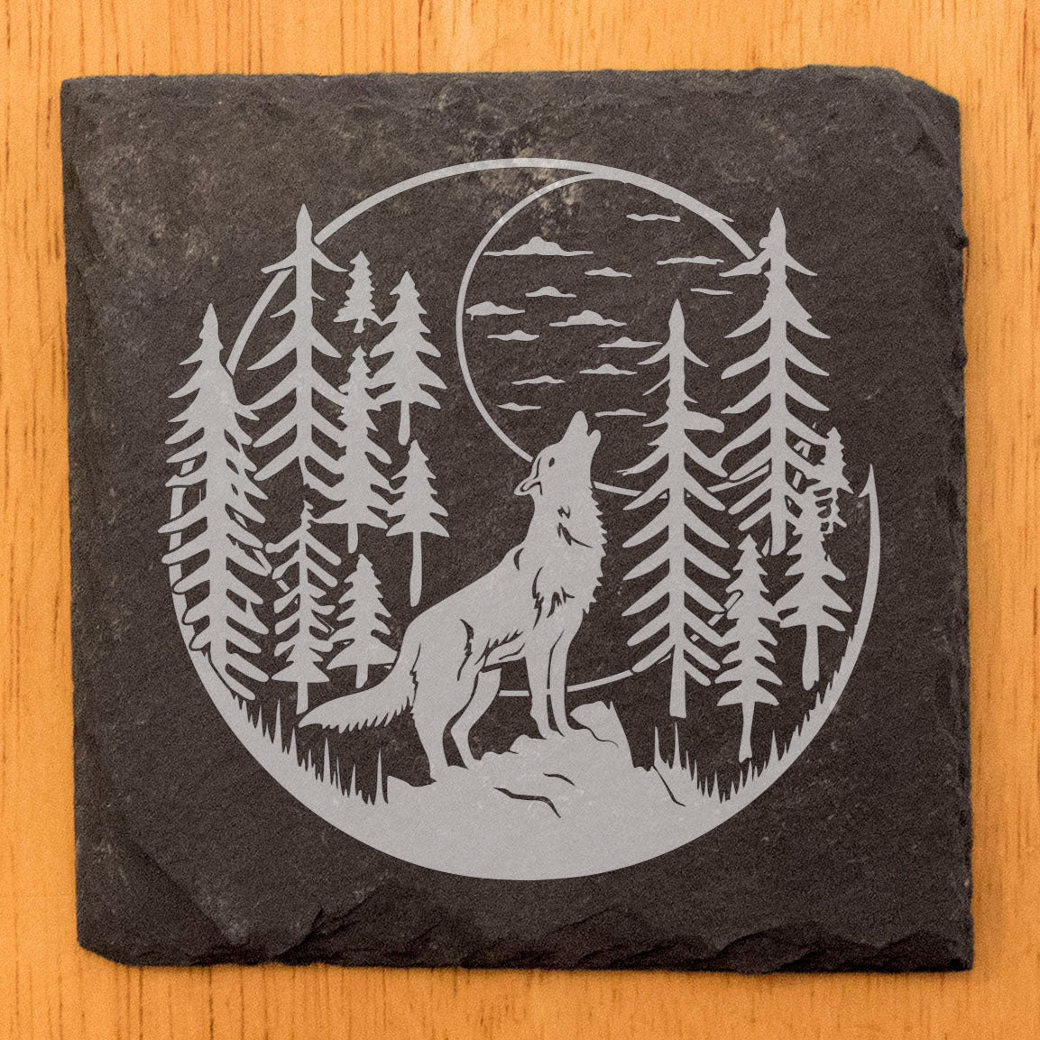 Forest Echoes: Rustic Coasters with a Howling Wolf
