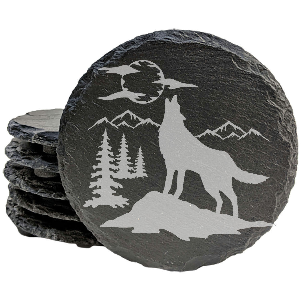 Mystic Moonlight: Howling Wolf Coasters with Forest Charm