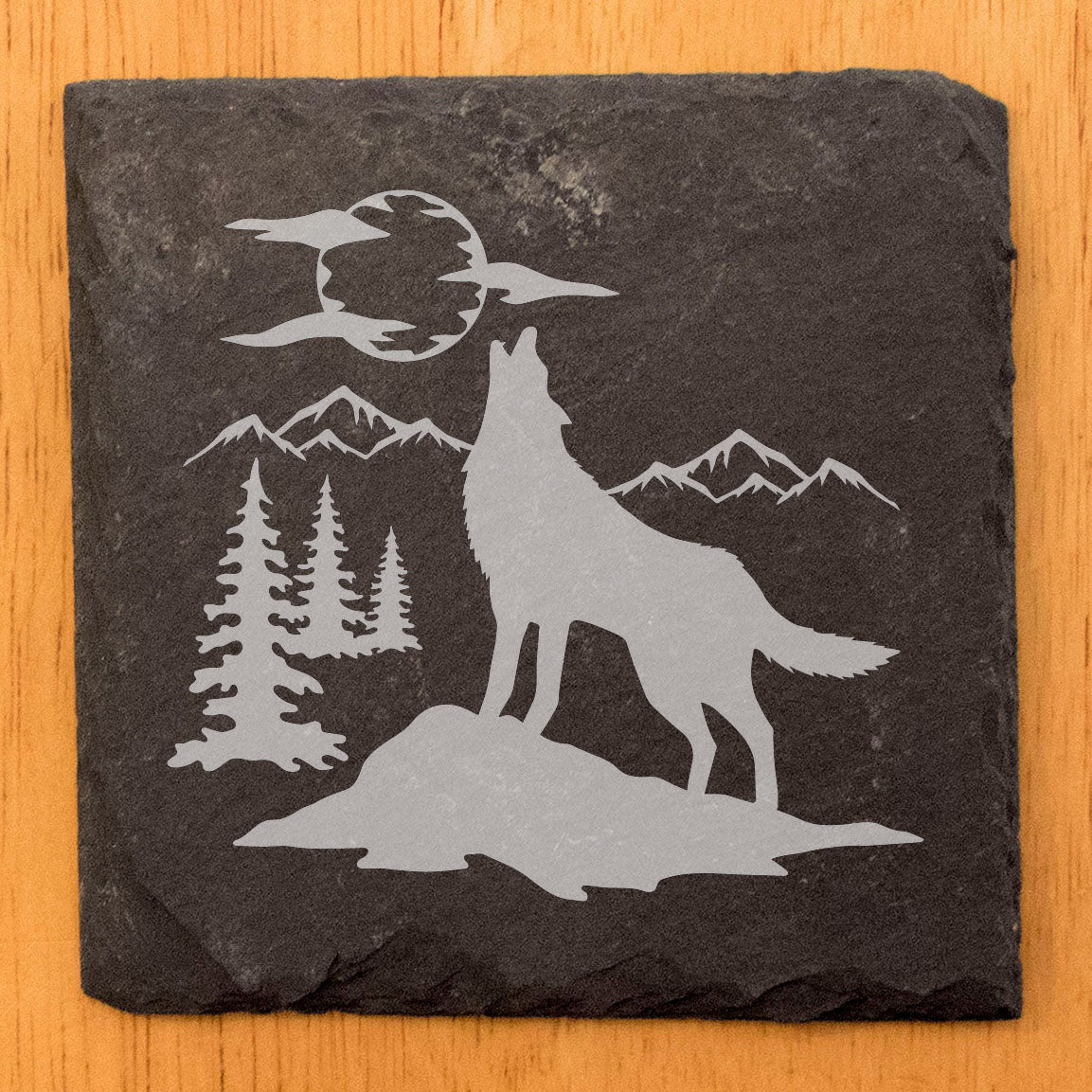Mystic Moonlight: Howling Wolf Coasters with Forest Charm