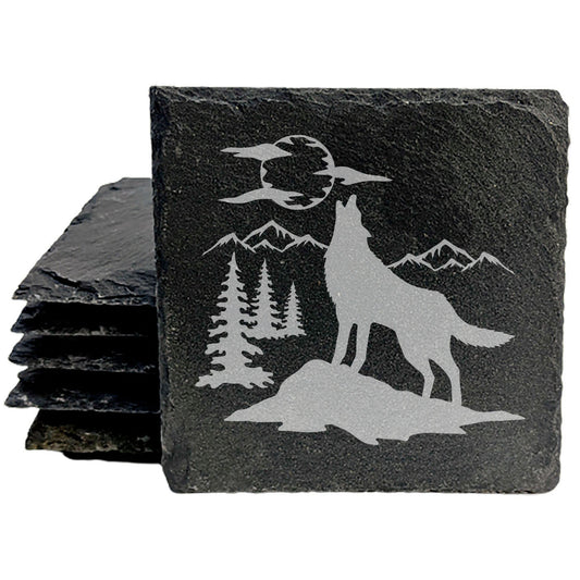 Mystic Moonlight: Howling Wolf Coasters with Forest Charm