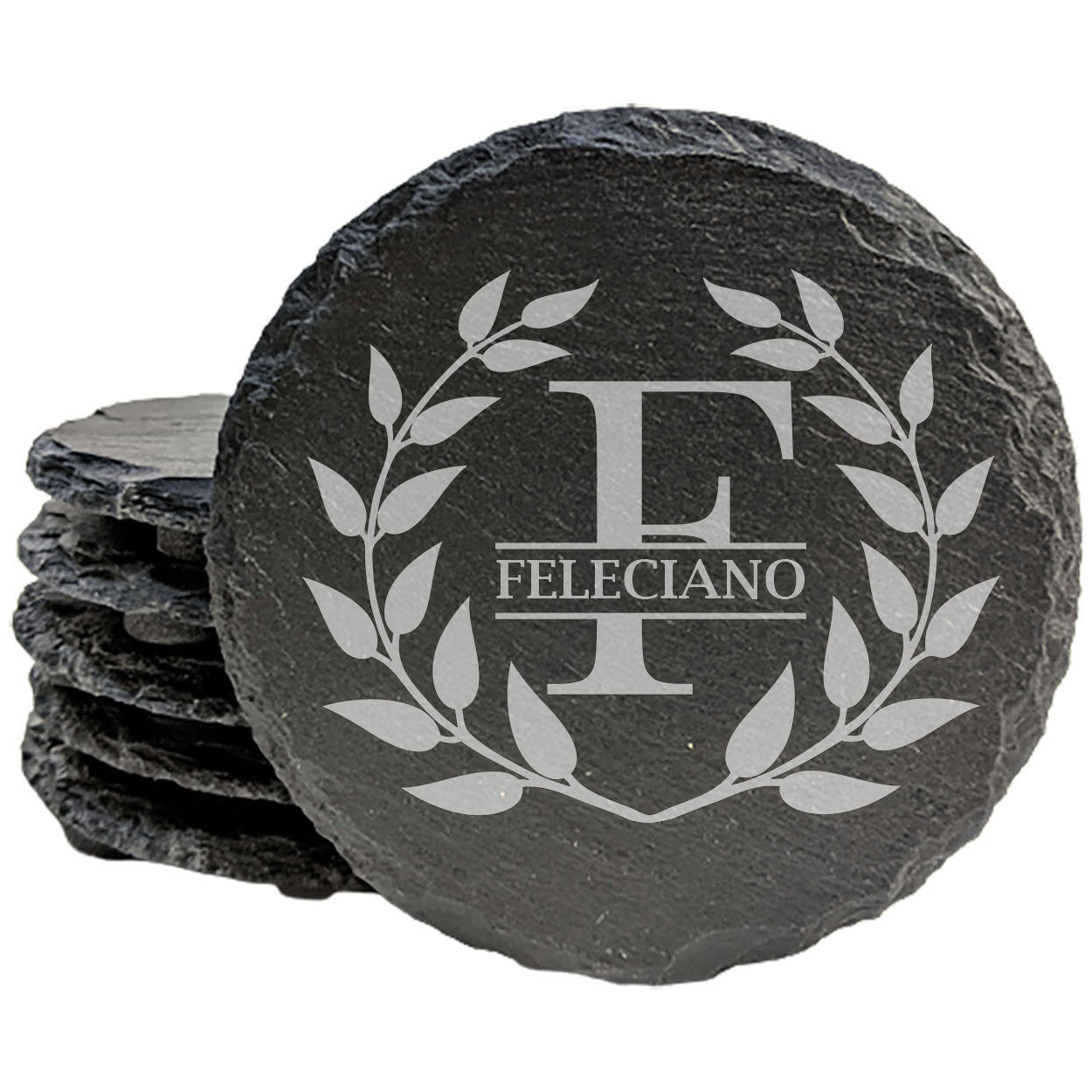 ustic Elegance: Personalized Slate Coasters with Wreath Design
