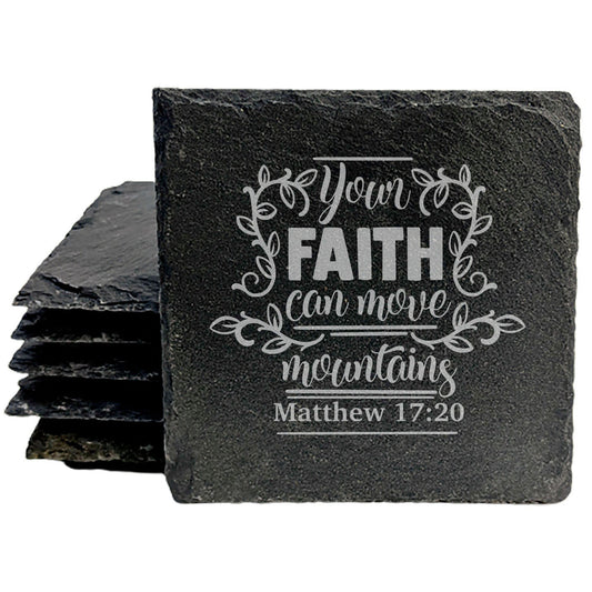 Faith and Hope: Laser Etched Faith Can Move Mountains: Inspirational Coasters with Bible Verse - Matthew 17:20 Coasters